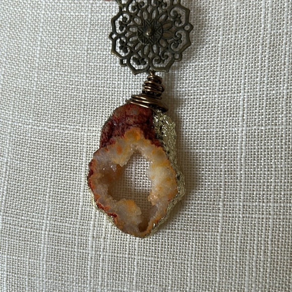 Gold and Brown Bohemian Necklace with Crystal Pendant - Picture 9 of 10
